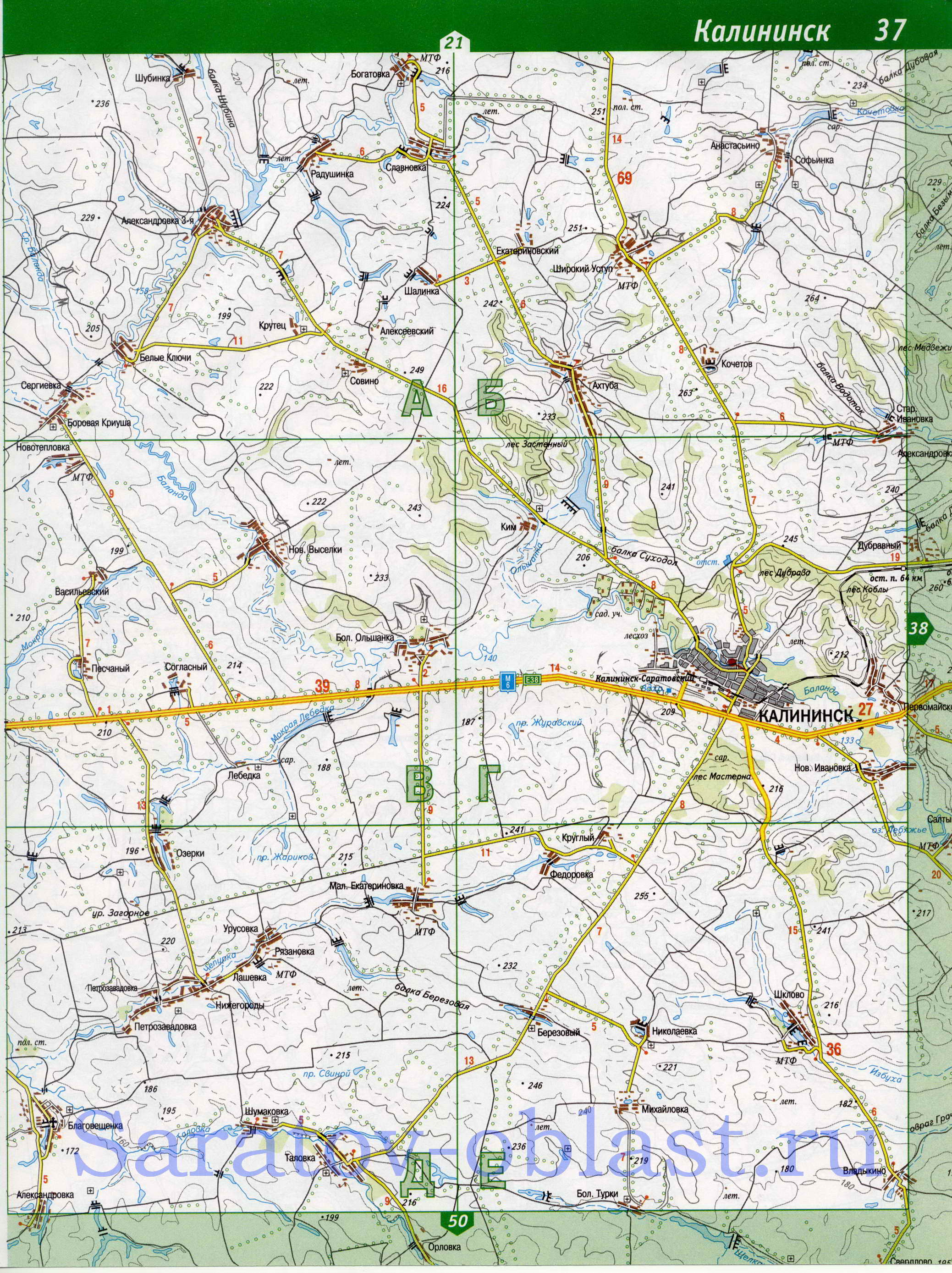 Карта Калининского района Саратовской области. Подробная карта автодорог - Калининский район, A0 - 
